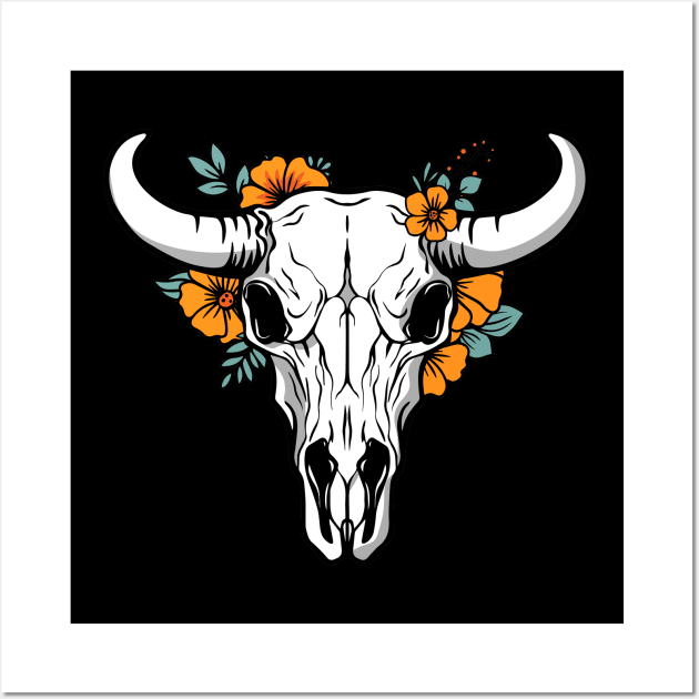 illustration of a cow skull head, with beautiful flowers Wall Art by InshynaArt